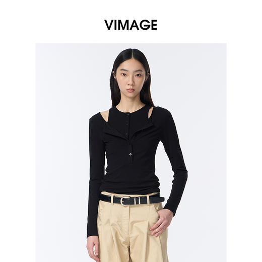 VIMAGE纬漫纪假两件露肩领修身时尚2025年秋季新款小上衣V2413102 商品图2