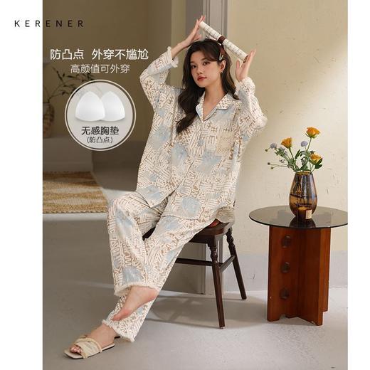 可人儿春秋季带bra泡泡绵女士长袖长裤睡衣可外出小众家居服套装 商品图0