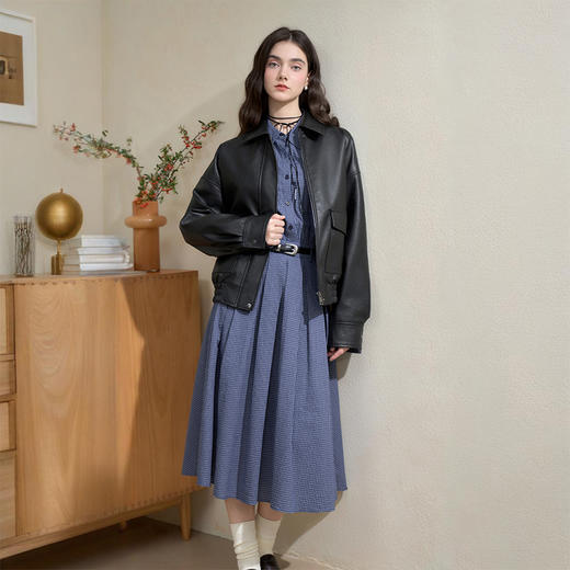 西遇学院风减龄蓝色格纹长袖衬衫连衣裙女秋季收腰百褶中长裙V2551136 商品图3