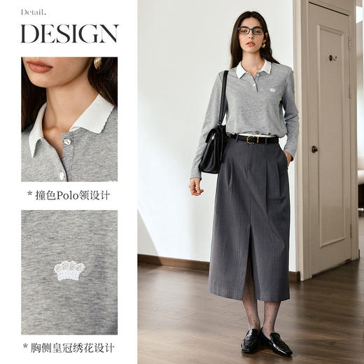 OLrain欧芮儿灰色POLO领设计感T恤2025秋季新款显瘦时尚百搭上衣 商品图1