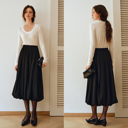 OLrain欧芮儿2025新款女秋季通勤黑色毛呢百褶花苞半身裙显瘦裙子 商品图3