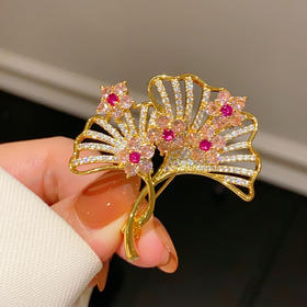 法式复古粉色银杏叶锆石胸针胸花别针扣