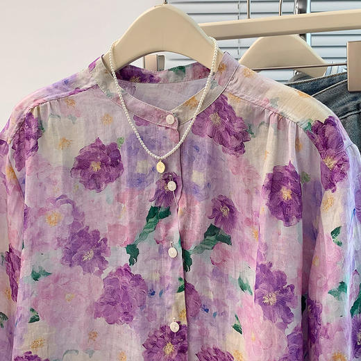 GYH 1370气质紫色花花朵印花上衣休闲气质立领衬衫 商品图3