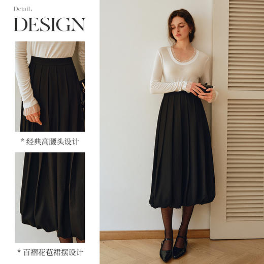 OLrain欧芮儿2025新款女秋季通勤黑色毛呢百褶花苞半身裙显瘦裙子 商品图1