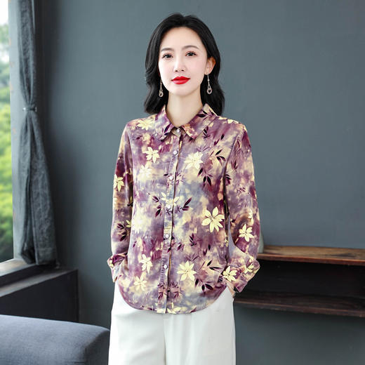 KQL E333M3291妈妈印花衬衫减龄大码长袖遮肉宽松洋气上衣 商品图2