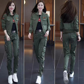 工装裤套装新款迷彩服套装女短外套迷彩工装长裤修身水兵舞服秋装