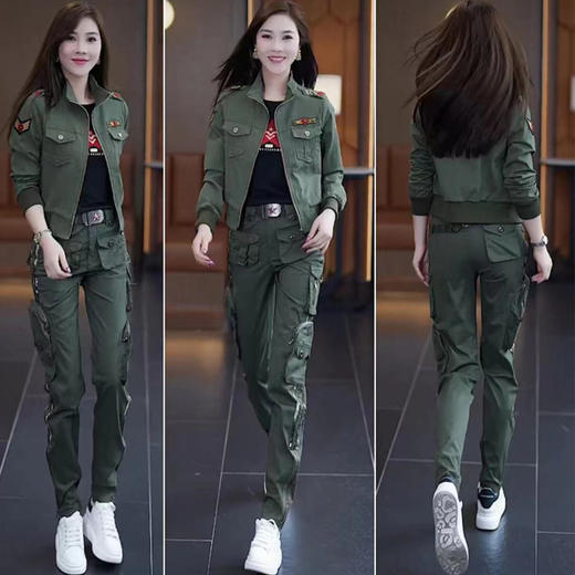 工装裤套装新款迷彩服套装女短外套迷彩工装长裤修身水兵舞服秋装 商品图0