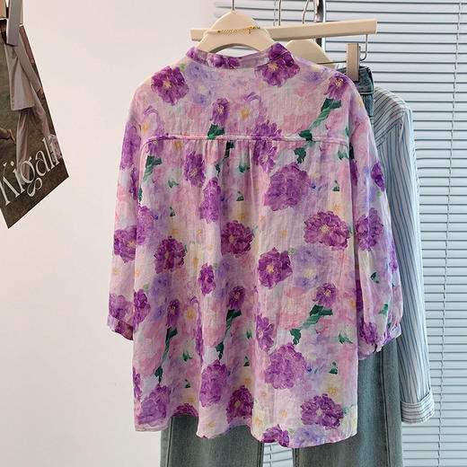 GYH 1370气质紫色花花朵印花上衣休闲气质立领衬衫 商品图2