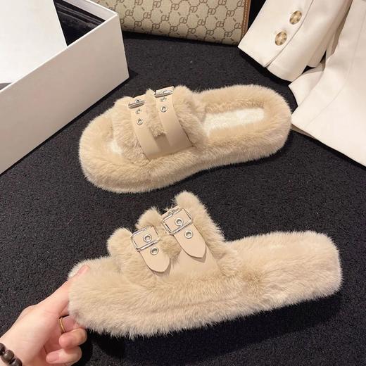 【显高显瘦❗️亲肤毛绒绒棉拖鞋】柔软面料，舒适内里，防滑耐磨底毛毛拖鞋女外穿秋冬室内家居皮带扣网红大码厚底潮 商品图8