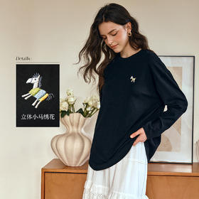 OLrain欧芮儿黑色休闲百搭女秋季2025新款宽松中长款磨毛长袖T恤