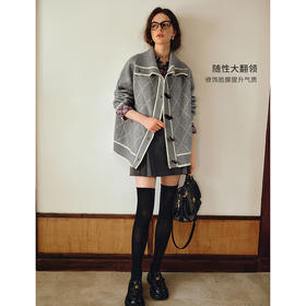 OLrain欧芮儿2025新款女秋季灰色大翻领菱格提花毛针织开衫上衣