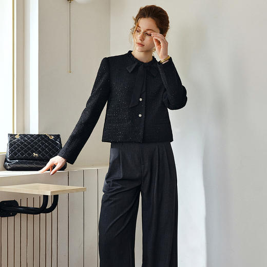 OLrain欧芮儿法式黑色显瘦飘带小香风2025秋季新款时尚百搭短外套 商品图2