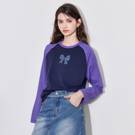 TOYOUTH初语牛仔蝴蝶结T恤女撞色插肩袖减龄休闲上衣 商品图3