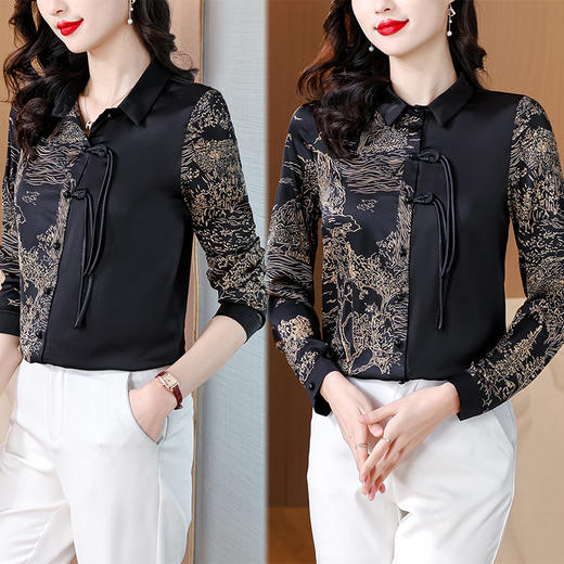 KQL E333M3缎面衬衣印花拼接中式复古盘扣妈妈上衣 商品图3