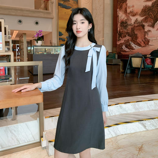奢姿大码女装2025秋季时尚拼色系带连衣裙胖妹妹气质优雅减龄裙子9953869887 商品图1