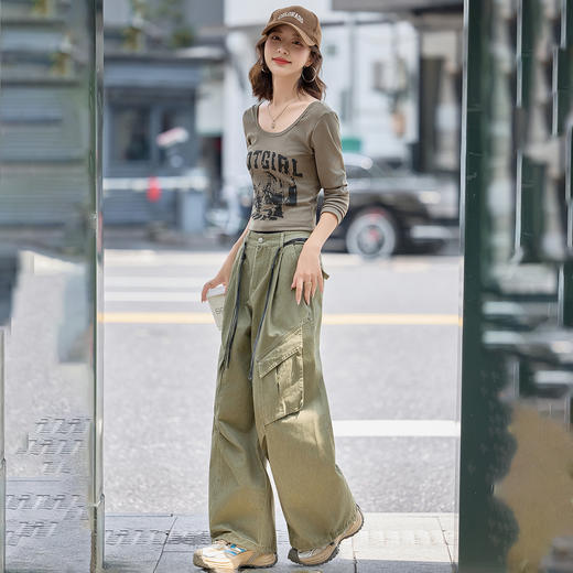 HR YJLY8601韩系时尚休闲套装字母印花长袖T工装阔腿裤两件套 商品图2