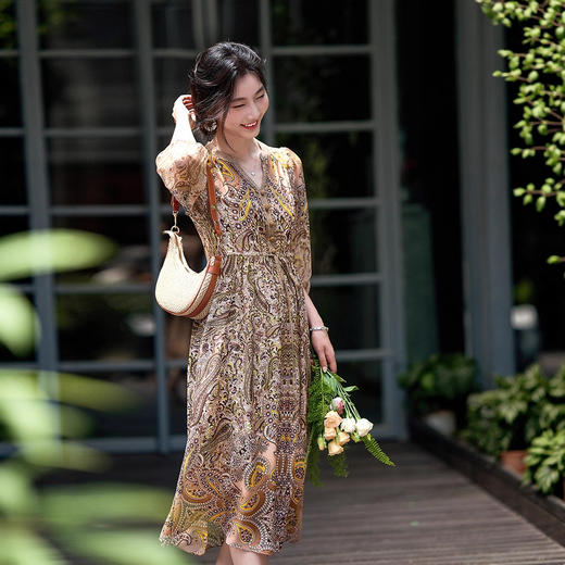 CS 80106气质显瘦真丝印花连衣裙收腰中长款 商品图2