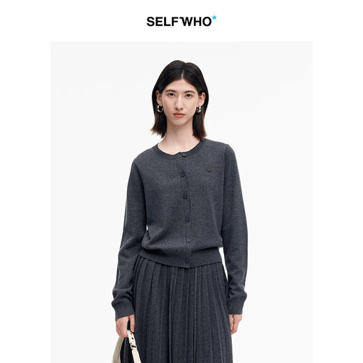 SELFWHO绵羊毛混纺笑脸绣章针织开衫女2025秋季新款保暖圆领上衣 商品图0