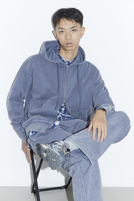 吃茶去chichaqu25重磅洗褪做旧带帽拉链卫衣复古宽松街头休闲运动 商品图1