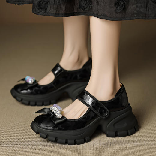 OLD 1290浅口厚底小皮鞋真皮玛丽珍鞋蝴蝶结串珠单鞋 商品图3