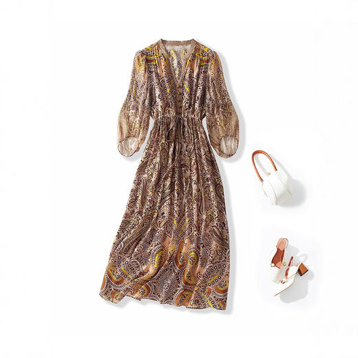 CS 80106气质显瘦真丝印花连衣裙收腰中长款 商品图4