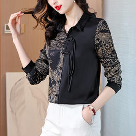 KQL E333M3缎面衬衣印花拼接中式复古盘扣妈妈上衣