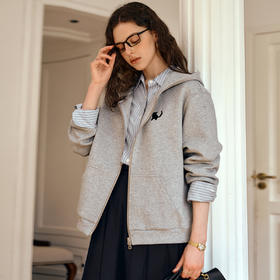 OLrain欧芮儿灰色休闲连帽猫咪刺绣显瘦卫衣外套女秋季2025新款