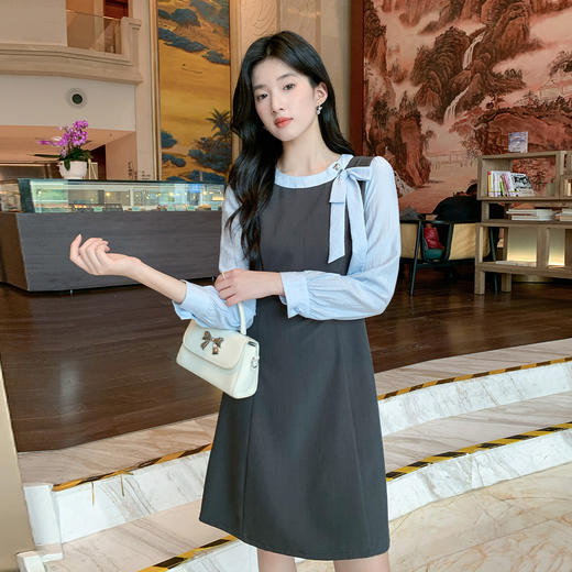 奢姿大码女装2025秋季时尚拼色系带连衣裙胖妹妹气质优雅减龄裙子9953869887 商品图2