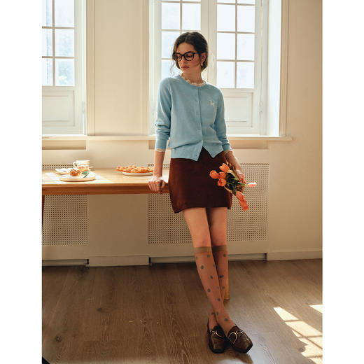 OLrain欧芮儿2025新款女秋季法式蕾丝花边圆领蓝色长袖毛织开衫 商品图2