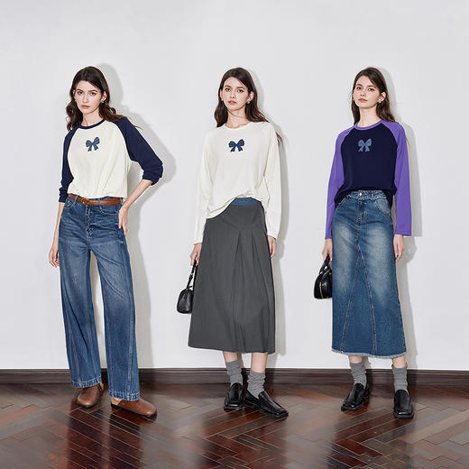 TOYOUTH初语牛仔蝴蝶结T恤女撞色插肩袖减龄休闲上衣 商品图4