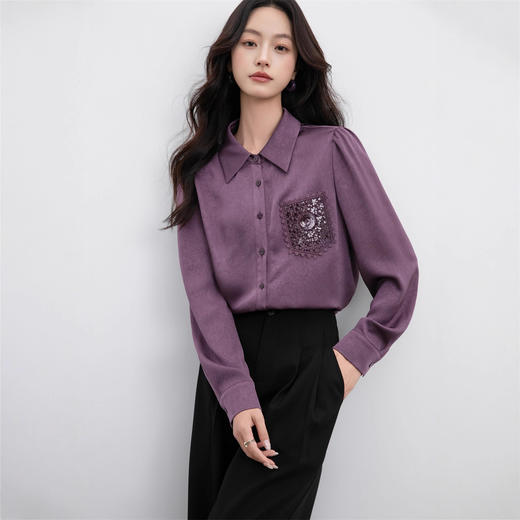 「自」全新升级【铂金会员174/天猫229/差价55】(03351)洛诗琳法式气质蕾丝拼接衬衫2025秋季精致刺绣雪纺上衣女 商品图4