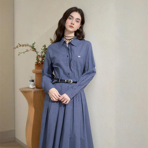 西遇学院风减龄蓝色格纹长袖衬衫连衣裙女秋季收腰百褶中长裙V2551136 商品图2