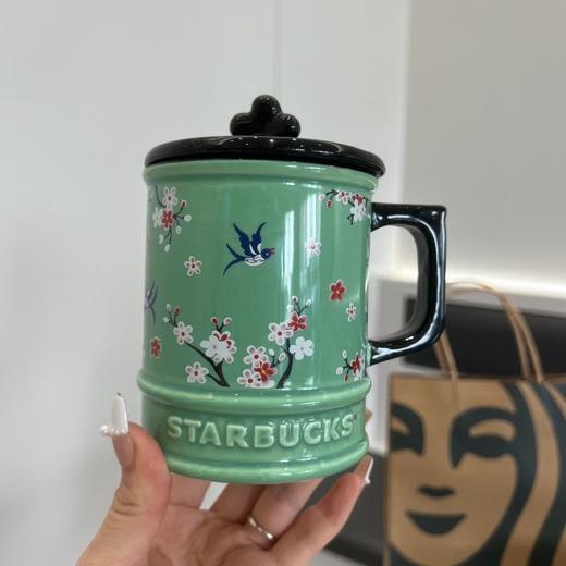 G365春日田园绿色碎花高颜值带盖陶瓷咖啡杯桌面马克杯 商品图0