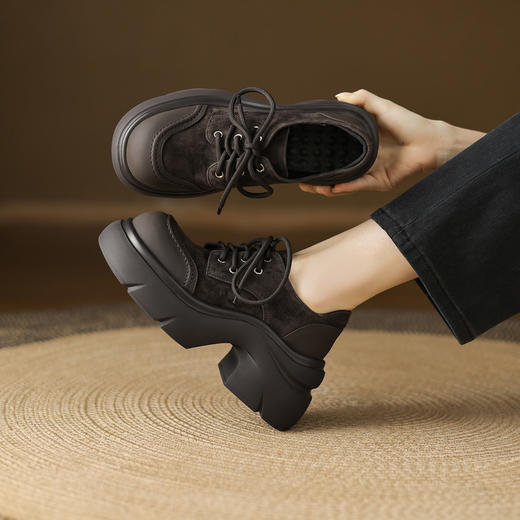 【预售5天】羊翻皮拼接牛皮暴走厚底单鞋复古系带粗跟乐福鞋高跟鞋AD&298-684 商品图4