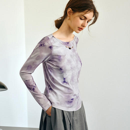 OLrain欧芮儿法式慵懒晕染紫色一字领T恤女秋季2025新款长袖上衣 商品图3