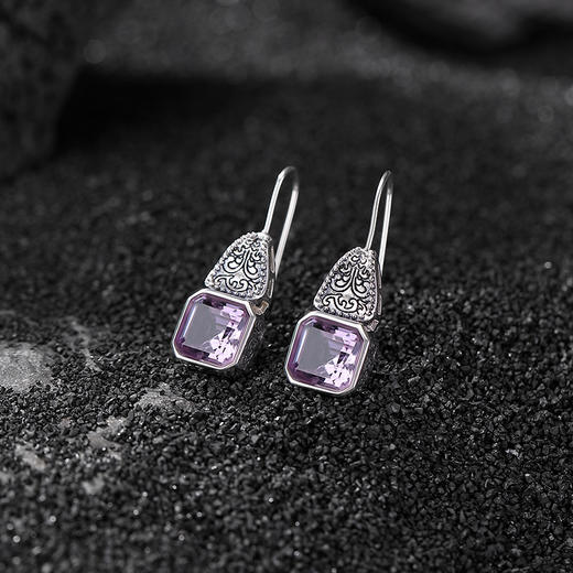 天然紫水晶S925纯银方形切面花纹，复古民族风银耳钩耳坠现货CW-EG02282 商品图1