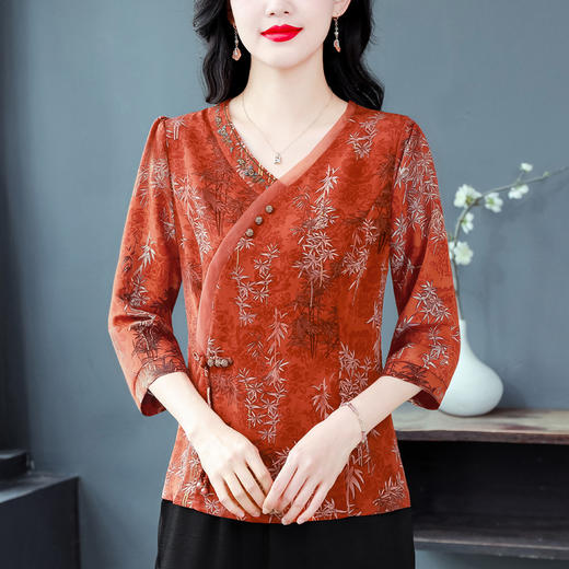 KQL B41N6588复古国风短袖翻领印花宽松显瘦修身大码上衣 商品图3