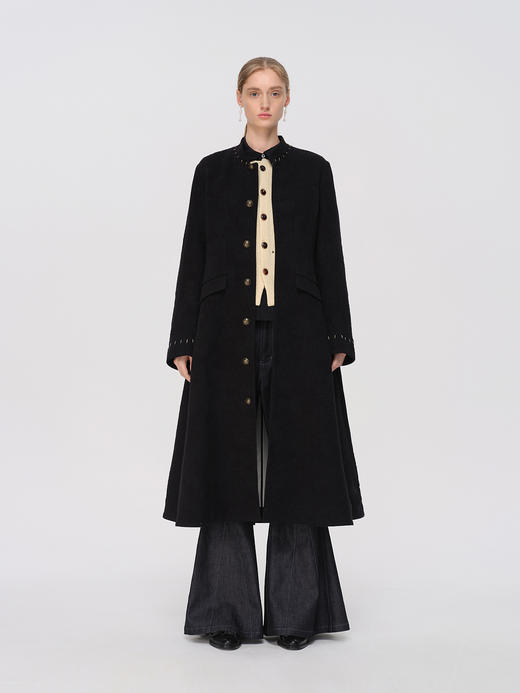 Renlisu 25AW 石墨黑羊毛浮雕提花长外套 商品图3