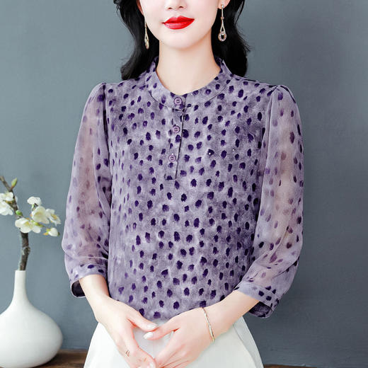 KQL B41N6584圆点气质时尚衬衫休闲圆领薄款中袖雪纺衫 商品图3