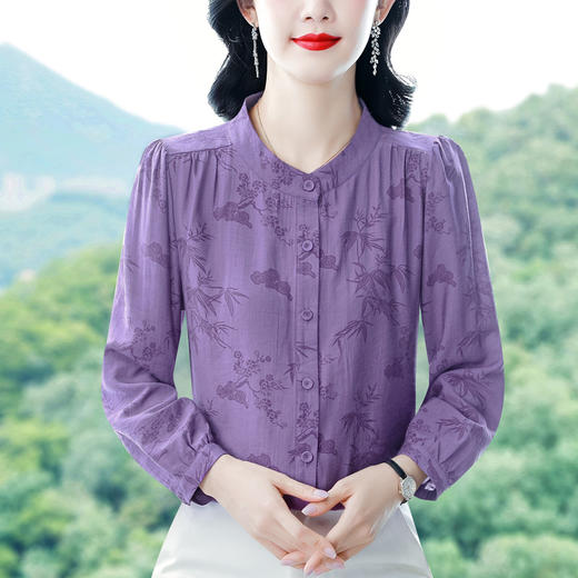 绿1906仿真丝衬衫女长袖时尚轻奢立领小衫气质百搭显瘦上衣 商品图0