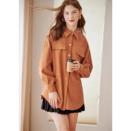 欧芮儿衬衫女设计感小众复古港味秋季新款2025年灯芯绒衬衣中长款 商品图3