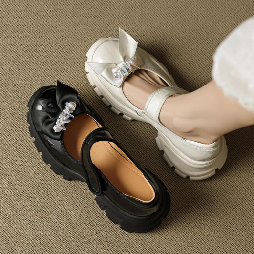 OLD 1290浅口厚底小皮鞋真皮玛丽珍鞋蝴蝶结串珠单鞋 商品图1