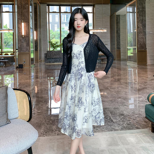 奢姿大码女装2025秋装新款胖妹妹镂空针织衫吊带小V领套装连衣裙9953953225AB 商品图0