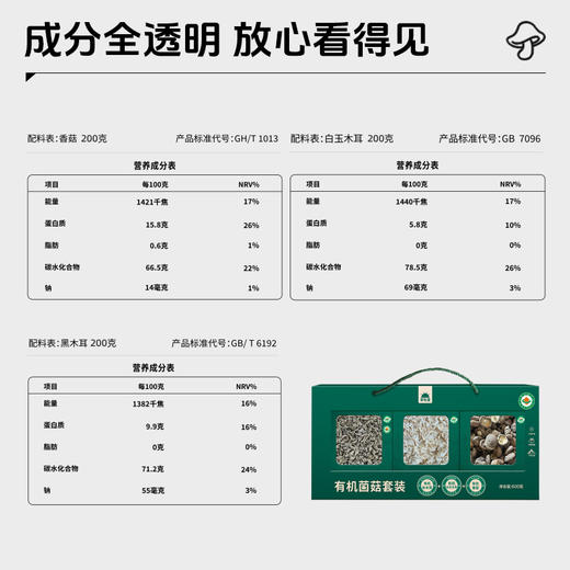 【礼盒装】草牧里 有机菌菇套装 600克/盒 （有机秋木耳*1+有机白玉木耳*1+有机香菇*1）甄选菌菇 商品图4