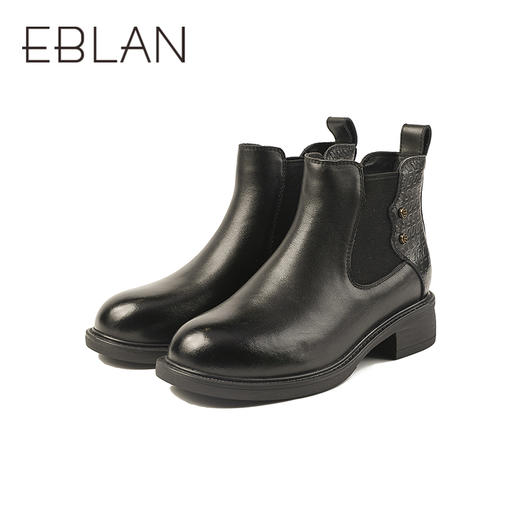 伊伴头层牛皮鞋面靴身拼接复古压花英伦风切尔西靴B25590016 商品图5