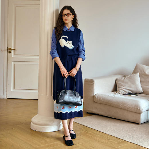 OLrain欧芮儿2025新款女秋季法式趣味猫咪提花马甲半裙毛织套装 商品图2