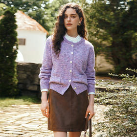 OLrain欧芮儿法式简约花式纱紫色毛织开衫女秋季2025新款质感上衣