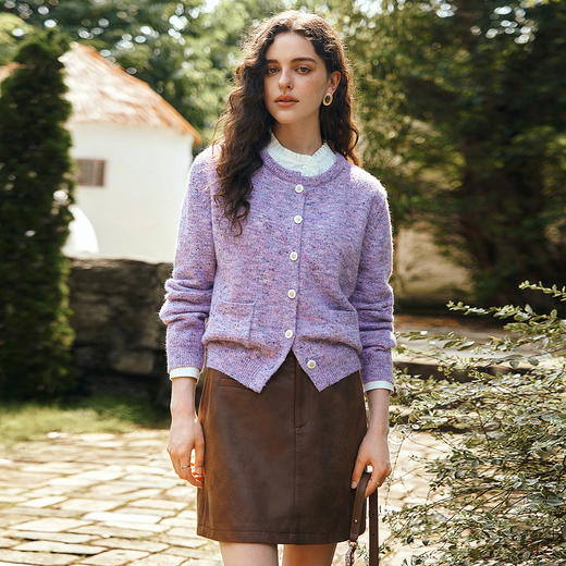 OLrain欧芮儿法式简约花式纱紫色毛织开衫女秋季2025新款质感上衣 商品图0