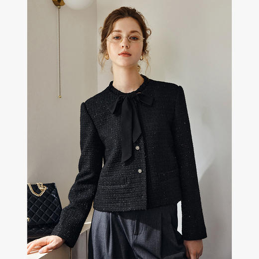 OLrain欧芮儿法式黑色显瘦飘带小香风2025秋季新款时尚百搭短外套 商品图0