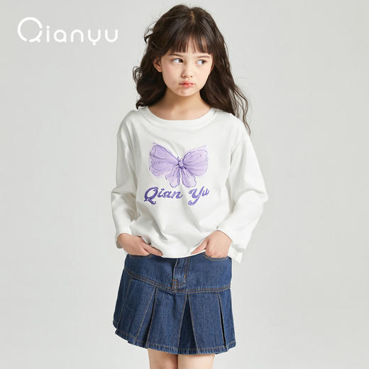 笛莎千与2025秋季新款女童甜美印花网纱蝴蝶结长袖T恤 商品图1